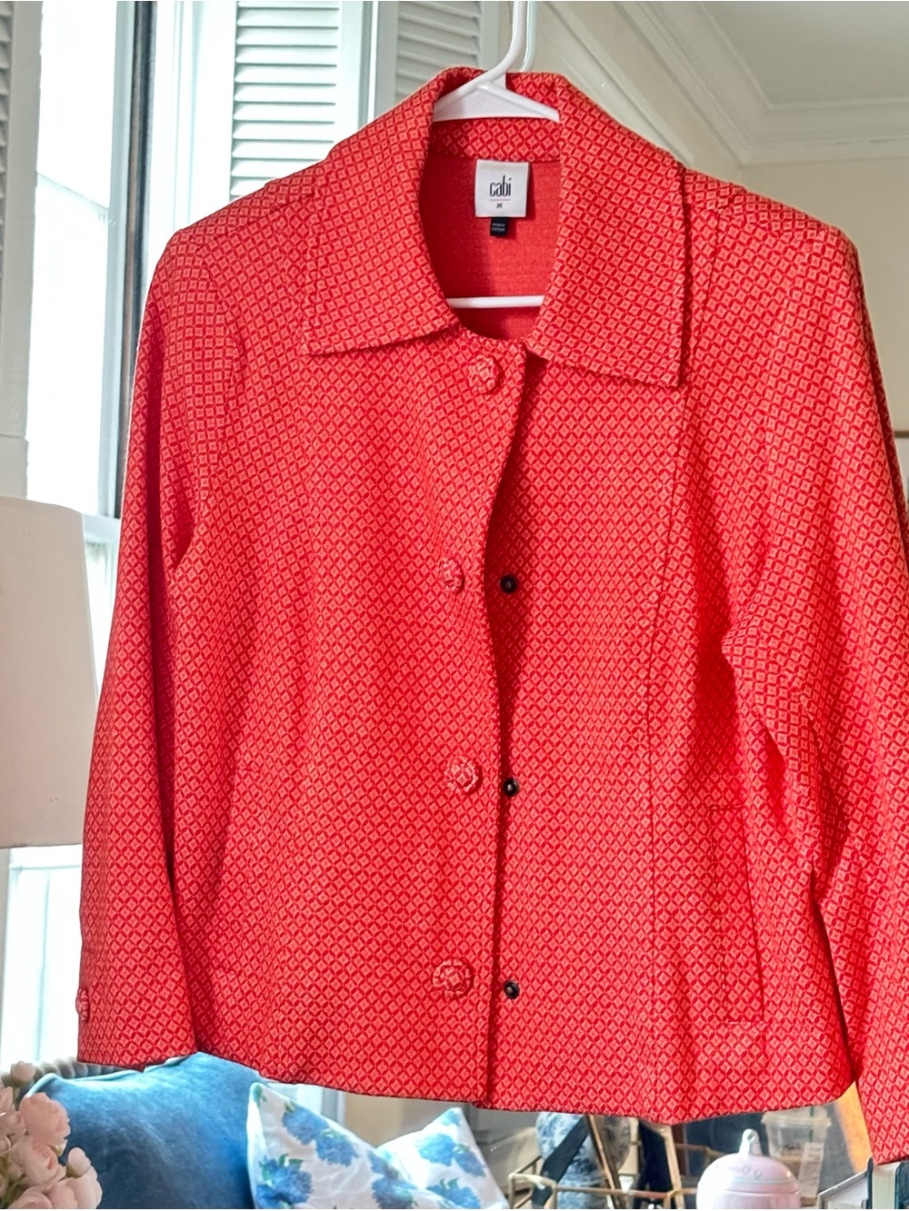 CAbi Matchmaker Topper - Women's Coral Red Patterned Button-Front Jacket